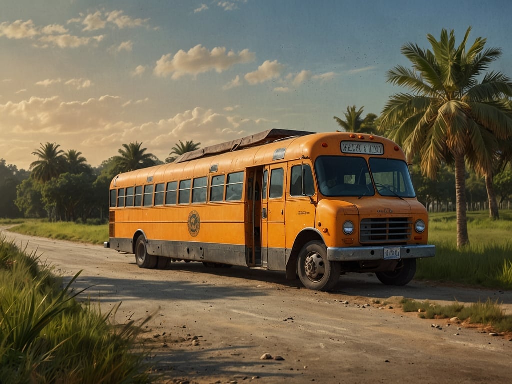 Auf dem Bild ist ein orangefarbener Bus zu sehen, der auf einem unbefestigten Weg steht, umgeben von grüner Natur und Palmen. 

Für Naturliebhaber gibt es einige tolle Reisetipps:

1. **Naturwanderungen**: Nutzen Sie die Gelegenheit, die umliegende Landschaft zu erkunden. Suchen Sie nach lokalen Wanderwegen, die durch unberührte Natur führen.

2. **Fotografie**: Wenn Sie einen Sinn für Fotografie haben, bringt die malerische Umgebung viele schöne Motive mit natürlichen Lichtverhältnissen.

3. **Tierbeobachtungen**: Halten Sie Ausschau nach einheimischen Tieren. Oft gibt es Möglichkeiten, Vögel oder andere Wildtiere zu beobachten.

4. **Camping**: Überlegen Sie, in der Nähe zu campen, um das Naturerlebnis noch intensiver zu genießen.

5. **Nachhaltige Touren**: Engagieren Sie sich in geführten Touren, die einen Fokus auf ökologischen Tourismus legen, um die lokale Flora und Fauna besser kennenzulernen.

Nutzen Sie die Gelegenheit, die Schönheit der Natur zu genießen und dabei die Umgebung aktiv zu erkunden!
