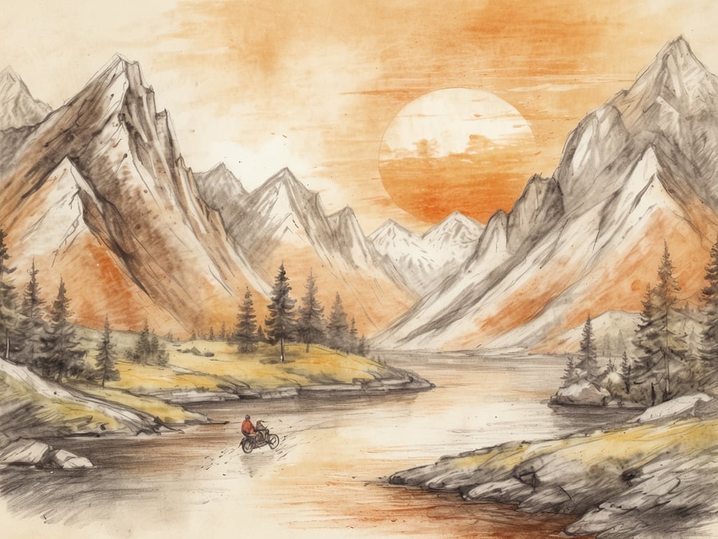 Auf dem Bild ist eine idyllische Landschaft zu sehen, die von majestätischen Bergen und einem ruhigen Fluss geprägt ist. Die warmen Farben des Sonnenuntergangs verleihen der Szene eine friedliche Atmosphäre. 

Eine mögliche Aktivität in dieser Umgebung wäre Radfahren entlang des Flusses, wie es die dargestellte Person tut. Das Radfahren bietet die Möglichkeit, die natürliche Schönheit der Berge und des Wassers hautnah zu erleben. Zudem könnte man auch Wandern oder Picknicken in der Umgebung der Bäume und Wiesen planen, um die Ruhe und die frische Luft zu genießen. Solche Ausflüge wären perfekt, um sich zu erholen und die Natur zu erleben.
