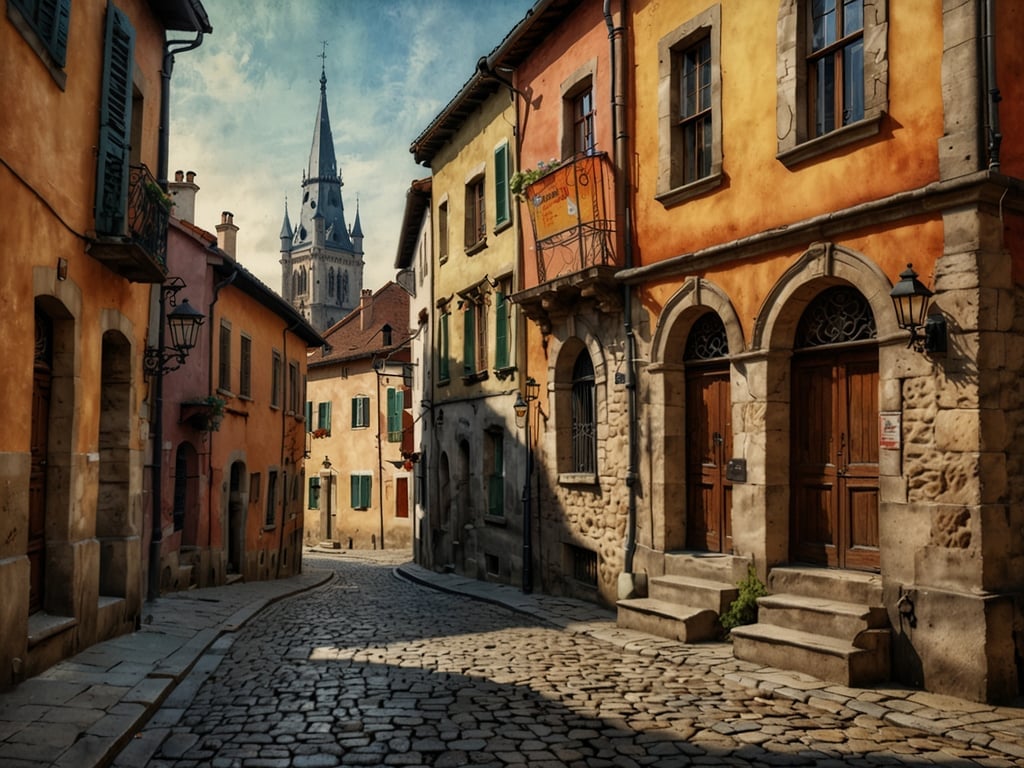Auf dem Bild ist eine malerische Straße in einer historischen Altstadt zu sehen. Die bunten Gebäude mit ihren typischen Fenstern und Türen verleihen der Szene einen charmanten Charakter. Im Hintergrund ragt ein hoher Kirchturm hervor, der den Blick anzieht. Die gepflasterte Straße schlängelt sich durch die Altstadt und lädt dazu ein, die historische Umgebung zu erkunden. Die Atmosphäre ist ruhig und einladend, ideal für einen gemütlichen Spaziergang, um die Geschichte und Architektur der Stadt zu genießen. Die historische Altstadt erkunden.