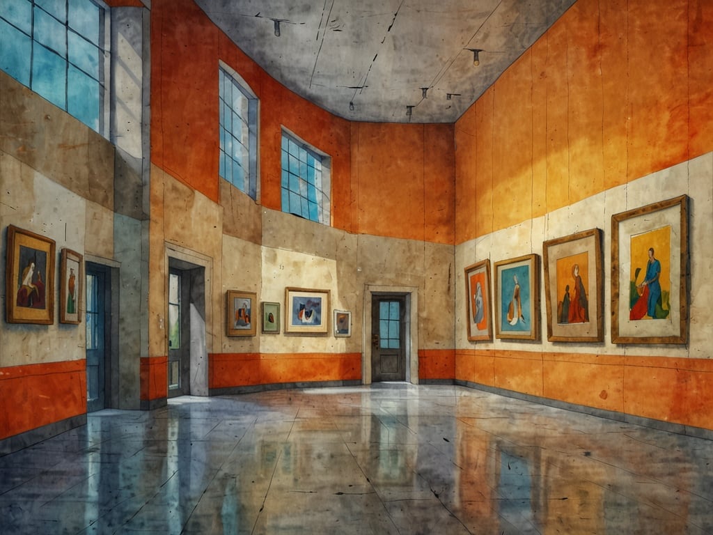 Auf dem Bild ist eine gemütliche Kunstgalerie oder ein Museum zu sehen. Die Wände sind in warmen Farben gestaltet, und verschiedene Bilder sind in Rahmen aufgehängt, die die Wände schmücken. Der Boden ist glänzend und reflektiert das Licht, das durch die Fenster einströmt. Die Galerie wirkt einladend und bietet einen Raum, in dem Besucher die Kunstwerke bewundern und die Atmosphäre genießen können. Es scheint ein ruhiger Ort zu sein, ideal für Kunstliebhaber.