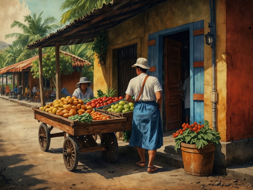 Auf dem Bild ist ein lebendiger Markt in Nicaragua zu sehen, wo frisches Obst und Gemüse verkauft wird. Die bunte Vielfalt an Früchten könnte Mangos, Papayas, Tomaten und Limetten umfassen, die typische und beliebte Zutaten in der nicaraguanischen Küche sind. Diese Produkte werden oft in Gerichten wie 