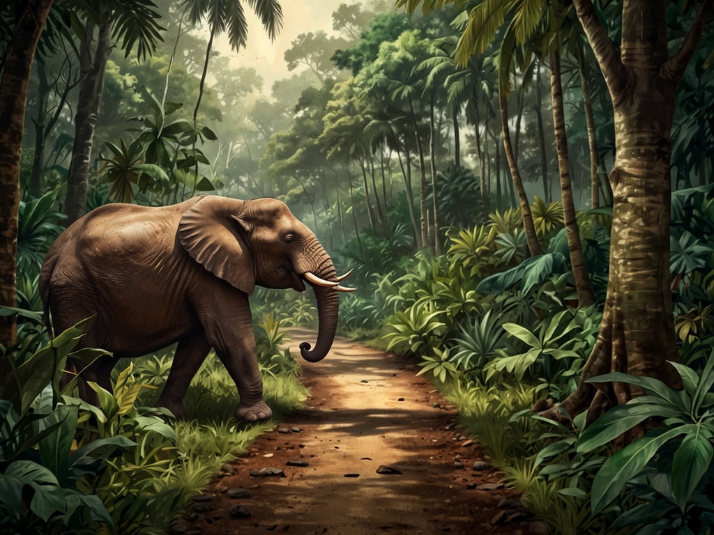 Auf dem Bild ist ein Elefant zu sehen, der auf einem schmalen Pfad durch einen üppigen Dschungel wandert. Die dichte Vegetation um ihn herum ist voller grüner Pflanzen und Bäume. Diese Szene lädt zu Wanderungen durch die üppigen Dschungelpfade ein, in denen man die Schönheit der Natur und die beeindruckenden Tiere hautnah erleben kann. Der Dschungel strahlt eine friedliche und geheimnisvolle Atmosphäre aus, perfekt für Entdecker und Naturliebhaber.