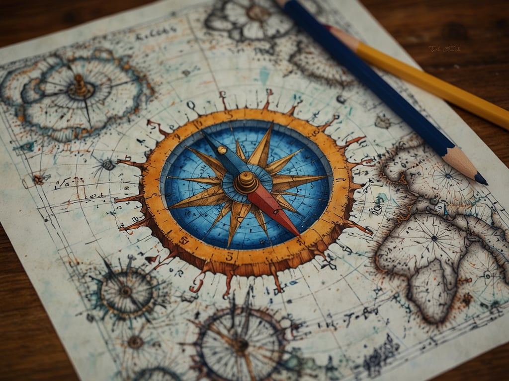 Auf dem Bild ist eine alte Seekarte zu sehen, die kompassartige Elemente enthält. Im Mittelpunkt befindet sich ein wunderschöner Kompass mit einem blauen und goldenen Design, das die Himmelsrichtungen anzeigt. Um diesen Kompass herum sind noch weitere nautische Elemente abgebildet, die auf maritime Navigation hinweisen, wie beispielsweise kleine Kompasse und geografische Zeichnungen. Daneben liegen zwei Buntstifte, die darauf hindeuten, dass vielleicht Zeichnungen oder Notizen gemacht werden. Die gesamte Atmosphäre des Bildes vermittelt ein Gefühl für die Kunst und Wissenschaft der Seefahrt in vergangenen Zeiten.
