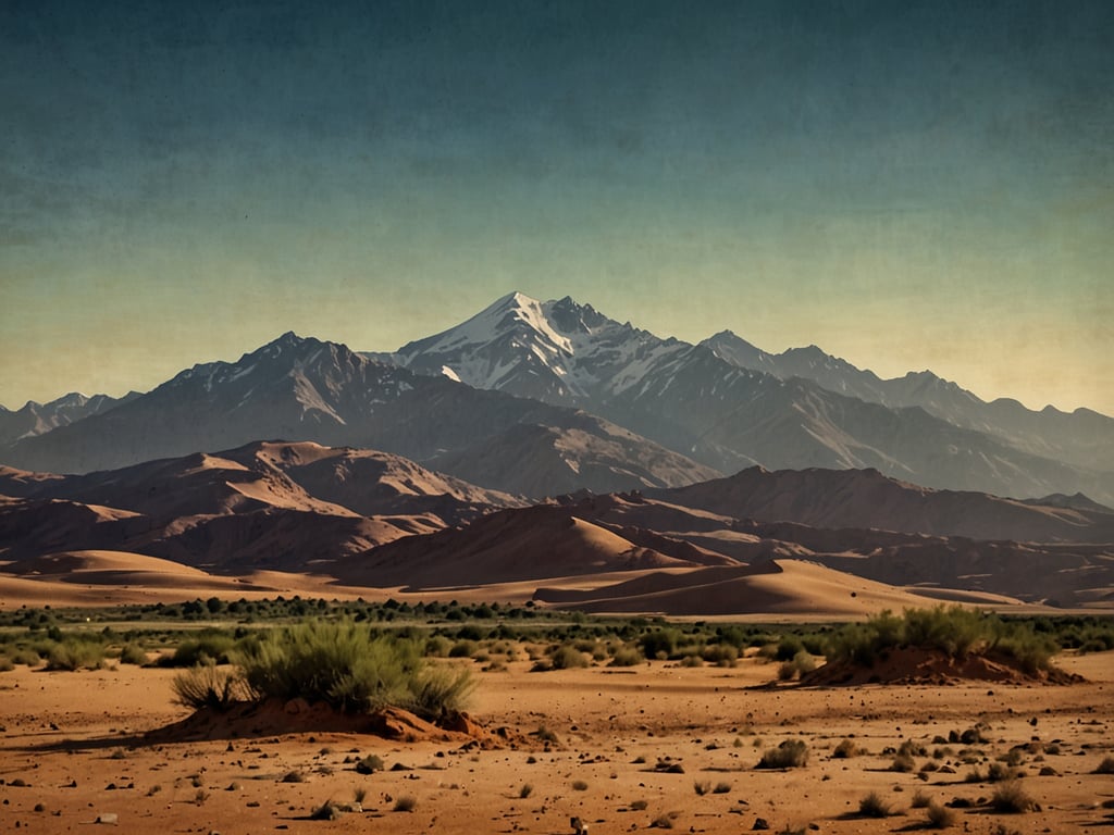 Auf dem Bild sind atemberaubende Landschaften zu sehen. Im Vordergrund erstreckt sich eine weite Wüstenlandschaft mit sanften Sanddünen und vereinzelten grünen Sträuchern. Hinter der Wüste erhebt sich ein majestätisches Gebirge, dessen hohe, schneebedeckte Gipfel sich deutlich vom klaren Himmel abheben. Die Kombination aus Wüste und Bergen schafft ein beeindruckendes und malerisches Panorama.