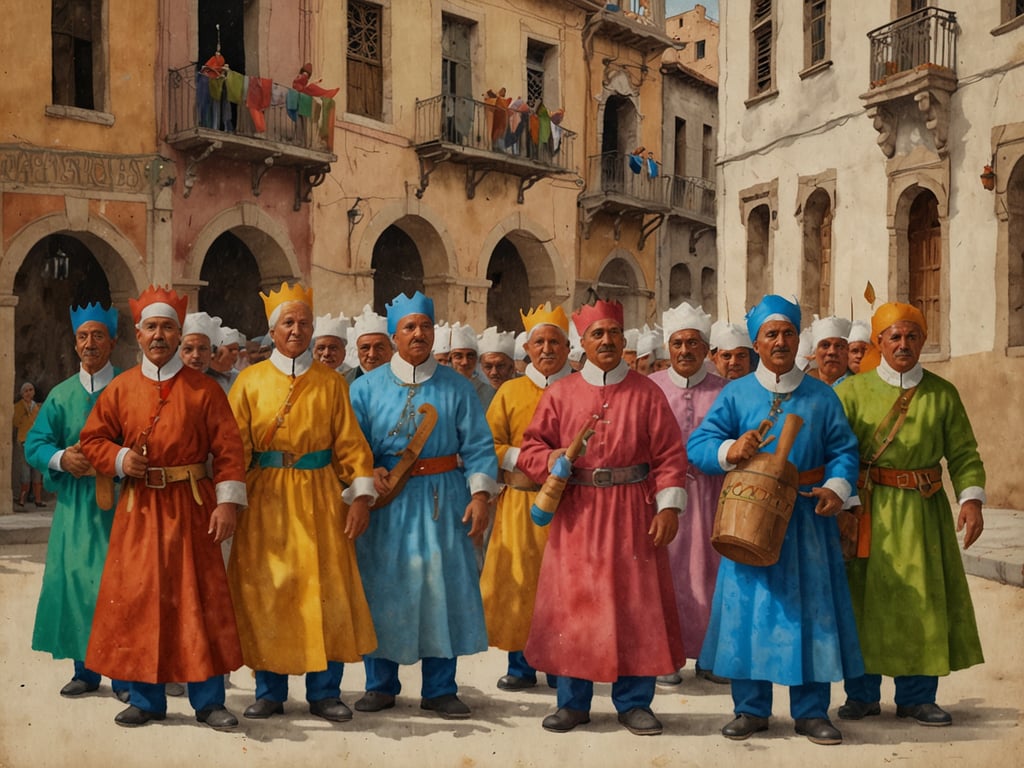 Auf dem Bild sind bunt gekleidete Männer zu sehen, die in einer Stadt oder einem Dorf stehen. Diese Art von Versammlung könnte mit traditionellen katalanischen Weihnachten in Verbindung stehen, besonders mit dem Brauch des 