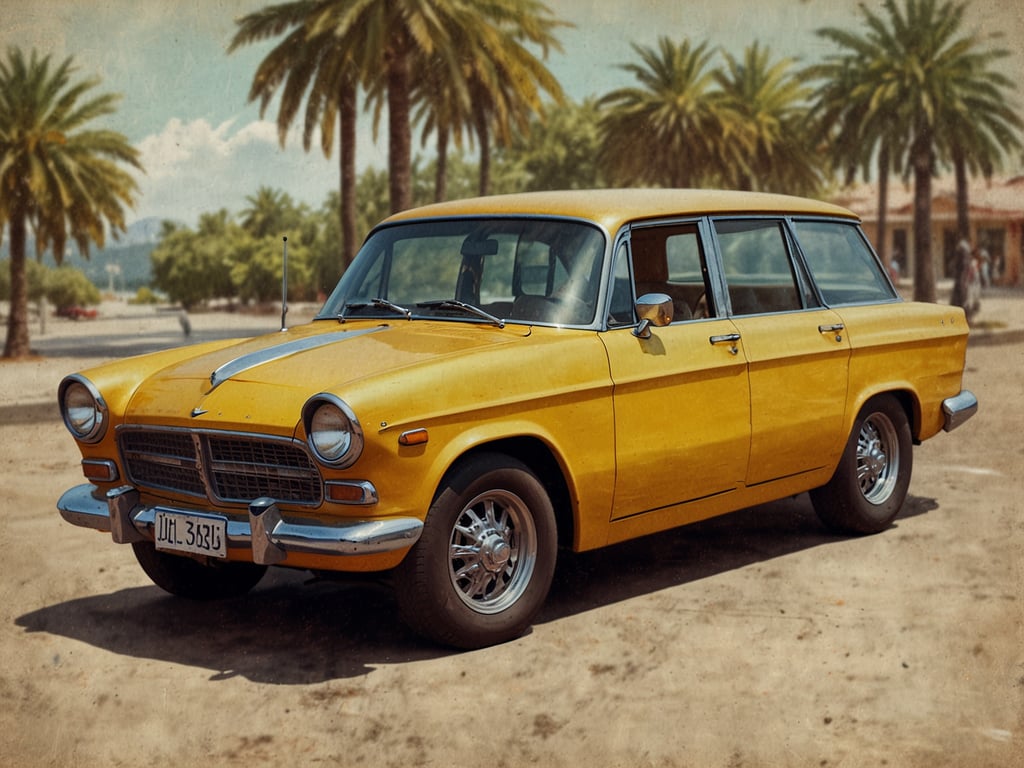Auf dem Bild ist ein gelber Oldtimer-Wagen zu sehen, der vor einer Kulisse mit Palmen steht. Die Atmosphäre wirkt sommerlich und entspannt. Wenn Sie an Reisen denken, buchen Sie jetzt Ihren Mietwagen für 2025: Preise stabil, trotz Inflation!
