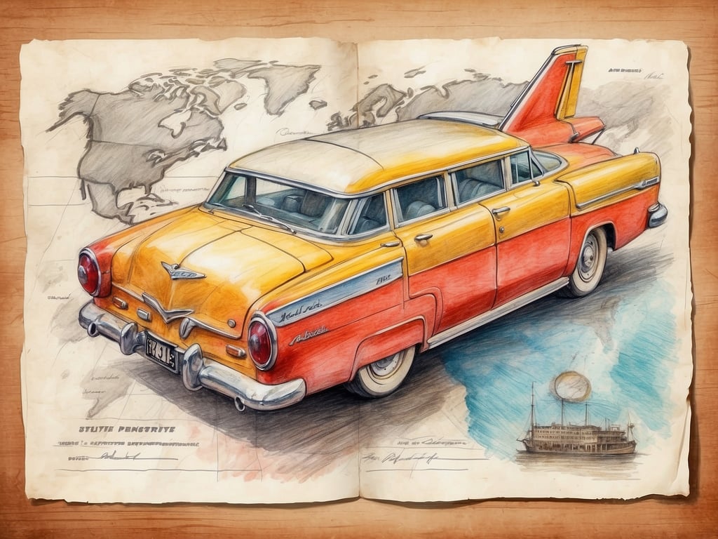 Auf dem Bild ist eine künstlerische Darstellung eines klassischen Automobils zu sehen, das in leuchtenden Farben, vor allem in Orange und Gelb, gehalten ist. Der Stil des Fahrzeugs weist auf eine Retro-Ästhetik hin, möglicherweise aus den 1950er Jahren. Im Hintergrund ist eine Weltkarte angedeutet, was darauf hindeutet, dass das Auto möglicherweise mit Reisen oder Abenteuern in Verbindung steht. 

In Erfahrungsberichten von Autoliebhabern wird oft erwähnt, dass solche klassischen Autos nicht nur wegen ihres Designs, sondern auch wegen ihrer Geschichte und Nostalgie geschätzt werden. Viele Menschen genießen es, diese Fahrzeuge zu restaurieren und an Oldtimer-Veranstaltungen teilzunehmen. Bewertungen dieser Automobile heben häufig die klassische Bauweise, die Qualität und die Erfahrung des Fahrens hervor, die mit modernen Autos nicht zu vergleichen sind.

Darüber hinaus könnte das Schiff im Hintergrund, das an einen amerikanischen Raddampfer erinnert, eine Verbindung zur Reise- und Transportgeschichte herstellen, was das Bild noch nostalgischer macht. Solche Illustrationen ermutigen oft dazu, die eigene Leidenschaft für historische Automobile und die damit verbundenen Erlebnisse zu reflektieren.
