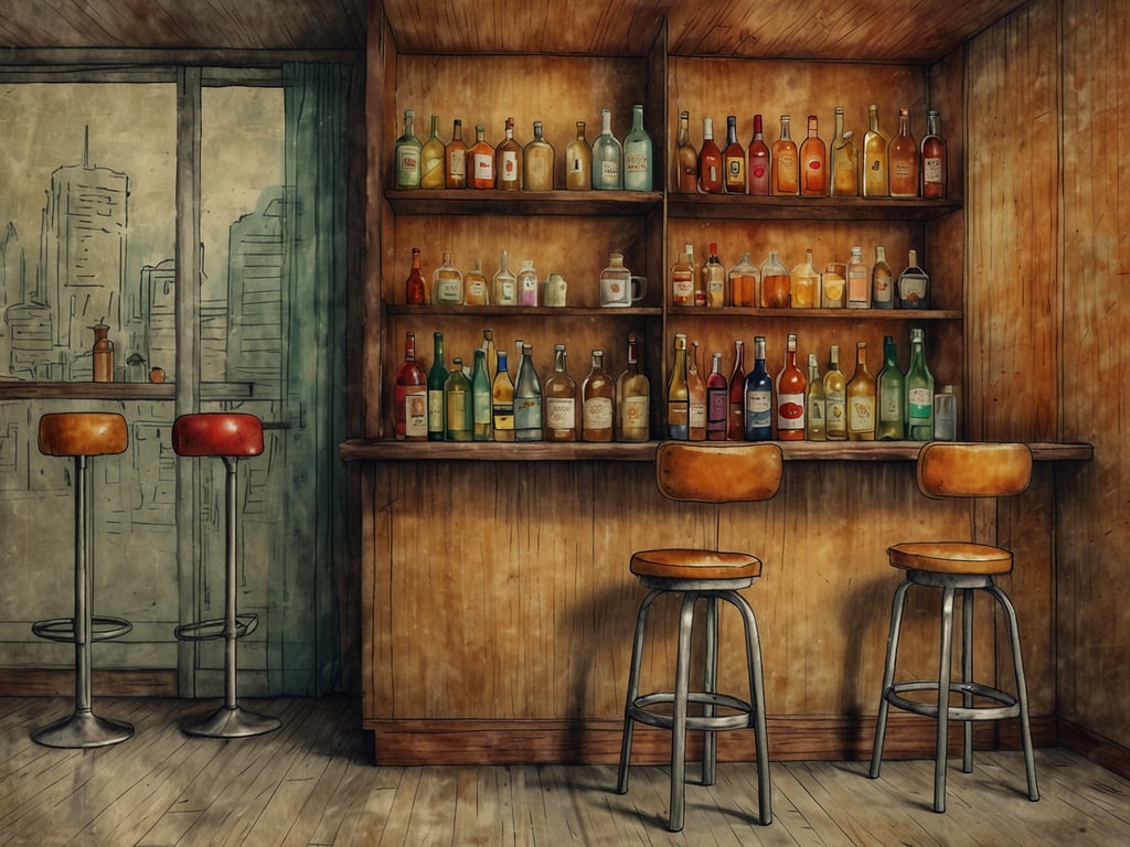Auf dem Bild ist eine Minibar zu sehen. Sie besteht aus einem Holzregal mit verschiedenen Flaschen und Getränken, die ordentlich aufgereiht sind. Vor der Bar stehen zwei Hocker mit braunen Sitzen. Im Hintergrund sieht man ein Fenster mit einem Blick auf eine Stadtansicht. Der Raum hat eine gemütliche und warme Atmosphäre.