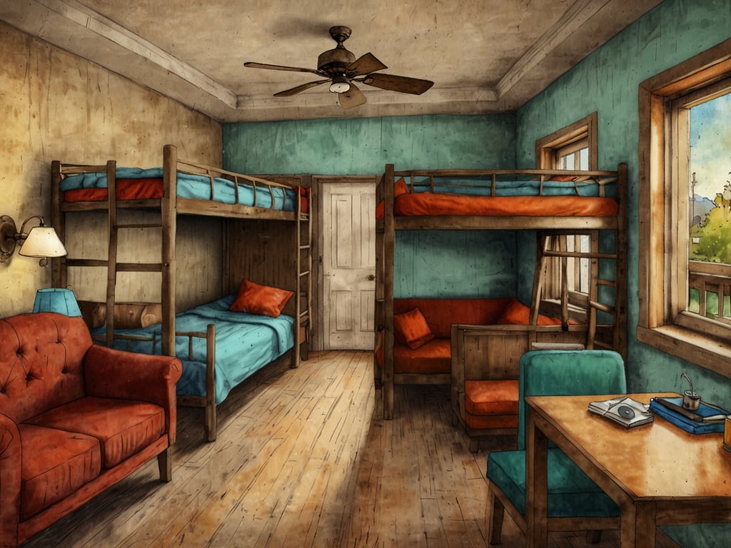 Auf dem Bild ist ein Zimmer zu sehen, das typischerweise in einem Mittelklassehotel anzutreffen ist. Es gibt zwei Etagenbetten mit bunten Bettdecken in Türkis und Orange. Die Wände sind in verschiedenen Farben gestrichen, und es gibt ein einfaches Sofa sowie einen Esstisch mit Stühlen. Der Raum hat große Fenster, die Tageslicht hereinlassen, und einen Deckenventilator. Die Möbel sind aus Holz und verleihen dem Zimmer eine gemütliche Atmosphäre.