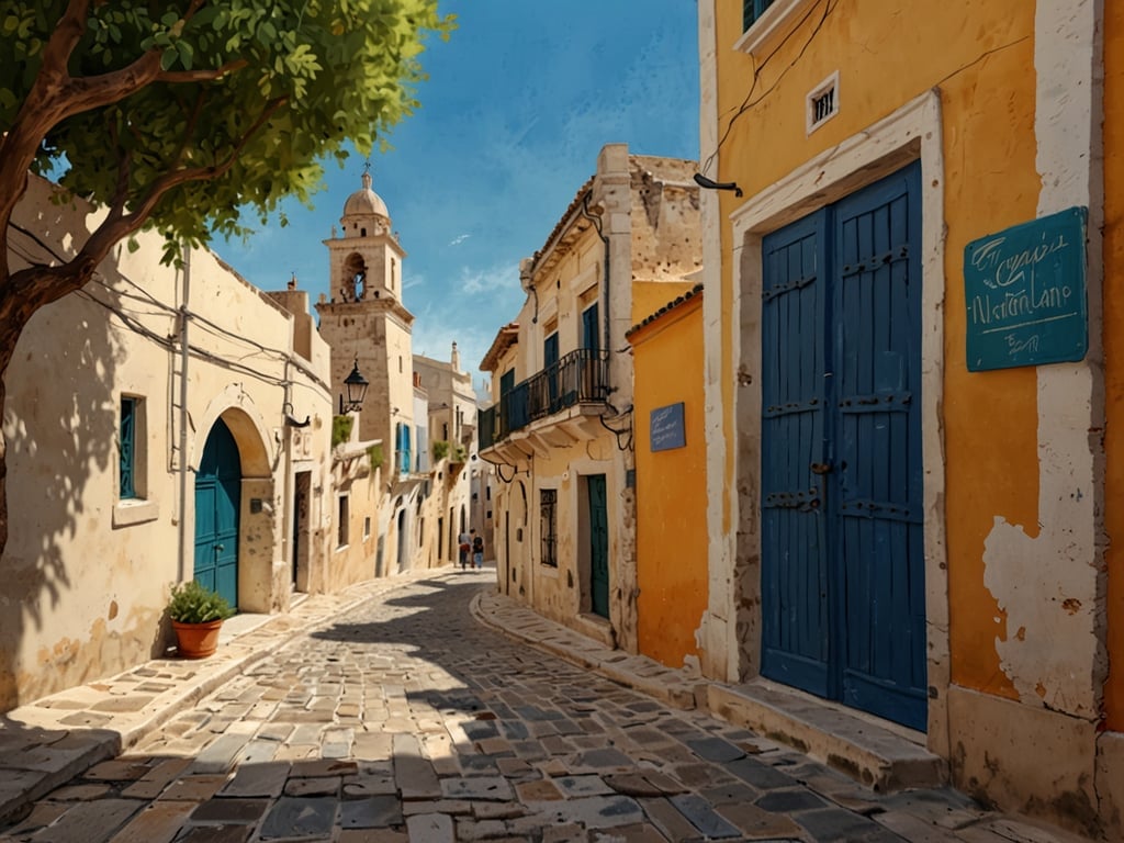 Auf dem Bild ist eine malerische Gasse in einer altstädtischen Umgebung zu sehen. Die Wände der Gebäude sind in warmen Gelb- und Beigetönen gehalten, und die Fenster und Türen haben eine auffällige blaue Farbe. Die Gasse ist gepflastert und führt sanft um eine Kurve. Im Hintergrund ist ein schöner Turm zu erkennen, der die charakteristische Architektur der zauberhaften Altstadt von Monopoli widerspiegelt. Die gesamte Szene vermittelt ein Gefühl von Ruhe und historischen Charme.
