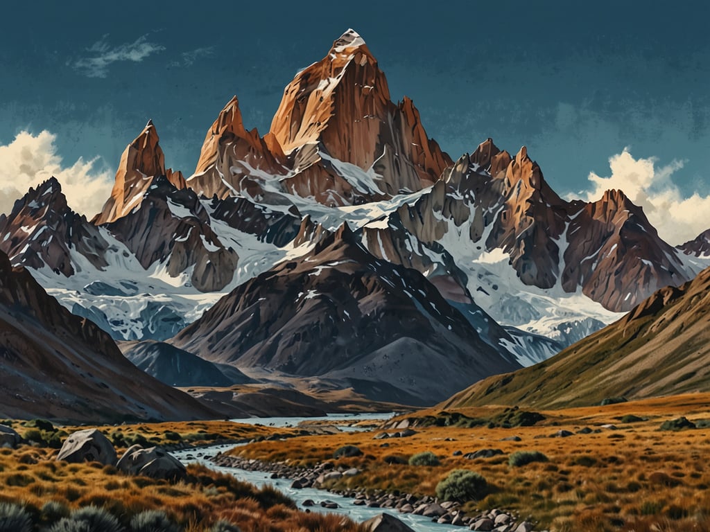 Auf dem Bild ist eine majestätische Berglandschaft zu sehen, die stark an die Region rund um den Fitz Roy in Patagonien erinnert. Die markanten, schroffen Gipfel erheben sich hoch über das umliegende Tal, das mit sanften Wiesen und einem klaren Fluss geschmückt ist. 

Diese Region ist bekannt für ihre spektakulären Wanderungen und Abenteuer. Beliebte Routen wie der Laguna de los Tres bieten atemberaubende Ausblicke auf den Fitz Roy und sind ein Muss für jeden Trekking-Liebhaber. Die Wanderungen sind oft herausfordernd, belohnen aber die Teilnehmer mit unvergesslichen Panoramen und der Möglichkeit, die reiche Flora und Fauna Patagoniens zu erleben. 

Abenteuerlustige finden hier auch Möglichkeiten zum Klettern und Mountainbiken, während die beeindruckende Natur einen ständigen Begleiter auf all ihren Erkundungen bietet.