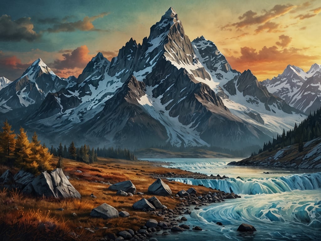 Auf dem Bild sind majestätische Berge mit schneebedeckten Gipfeln zu sehen, die im Licht eines faszinierenden Sonnenuntergangs erstrahlen. Im Vordergrund fließt ein klarer Fluss, dessen Wasser sanft über Steine glitschend strömt. Umgeben wird die Szenerie von einer abwechslungsreichen Landschaft: goldene Wiesen, grüne Wälder und massive Felsen, die die Schönheit dieser vergletscherten Wunder unterstreichen. Dieser Anblick lässt die Betrachter in die 