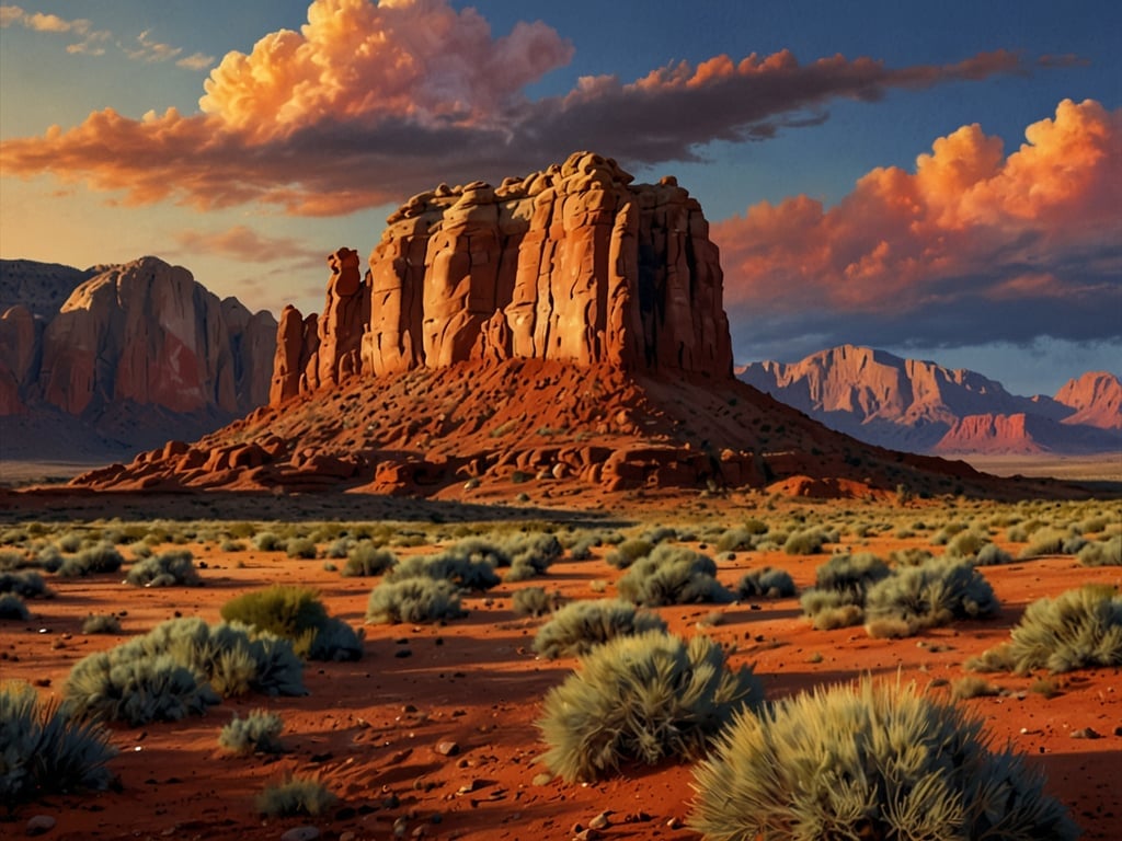 Monument Valley ist ein faszinierendes Naturwunder, das mit seinen beeindruckenden Felsformationen und majestätischen Landschaften Besucher aus der ganzen Welt anzieht. Die roten Sandsteinmonolithen, die sich dramatisch gegen den Himmel erheben, schaffen eine unvergessliche Kulisse, die oft als Symbol des Wilden Westens gilt.

Auf dem Bild ist ein markanter Felsen zu sehen, umgeben von der typischen Wüstenlandschaft von Monument Valley. Die warmen Farbtöne des Bodens harmonieren mit den roten und orangen Schattierungen der Felsformationen. Darüber ziehen sanfte Wolken am Himmel vorbei, was dem Bild eine besondere Stimmung verleiht. Das Spiel von Licht und Schatten verstärkt die eindrucksvolle Atmosphäre dieser einzigartigen Landschaft.