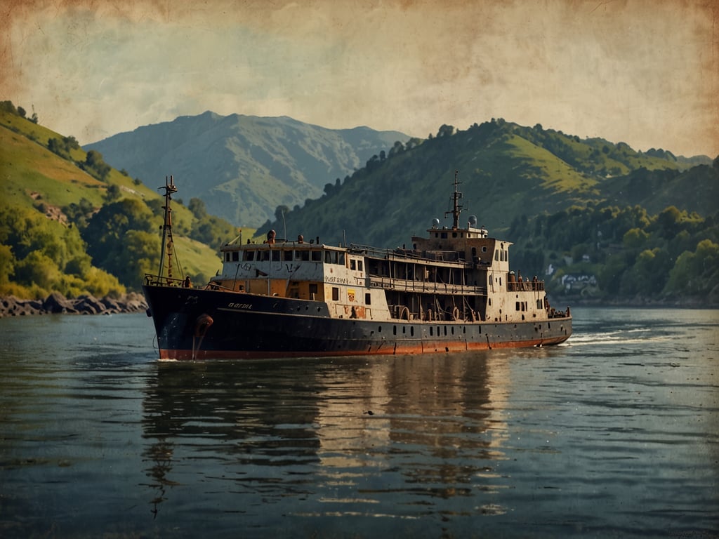 Auf dem Bild ist ein Schiff zu sehen, das auf einem ruhigen Gewässer fährt, umgeben von grünen Hügeln und Bergen. Es handelt sich vermutlich um ein Frachtschiff, das eine abgenutzte, aber charakteristische Erscheinung hat. Der Himmel scheint klar zu sein und die Landschaft ist malerisch. In Bezug auf die aktuelle Situation am Mosel könnte das Bild mit dem Thema 