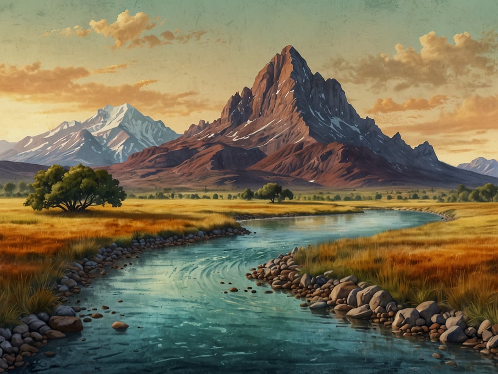 Auf dem Bild ist eine beeindruckende Gestaltung einer Landschaft zu sehen. Im Vordergrund fließt ein klarer Fluss, der von einem Kieselsteingrund gesäumt wird. Die Vegetation am Ufer ist üppig und in warmen Farben gehalten. Im Hintergrund erheben sich majestätische Berge, deren Gipfel mit Schnee bedeckt sind. Der Himmel zeigt sanfte Wolken und ein warmes Licht, das auf die Szene fällt, was eine friedliche und harmonische Atmosphäre schafft. Die gesamte Komposition vermittelt ein Gefühl von Weite und natürlicher Schönheit.
