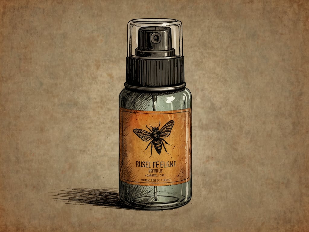 Auf dem Bild ist ein Fläschchen mit Mückenspray zu sehen. Es hat eine durchsichtige Verpackung und einen Sprühkopf. Auf dem Etikett befindet sich eine Illustration einer Biene sowie der Schriftzug "RUSEE FE ELIENT". Die Gestaltung hat einen vintage-artigen Stil und der Hintergrund wirkt etwas alt, was dem Bild einen nostalgischen Charakter verleiht.
