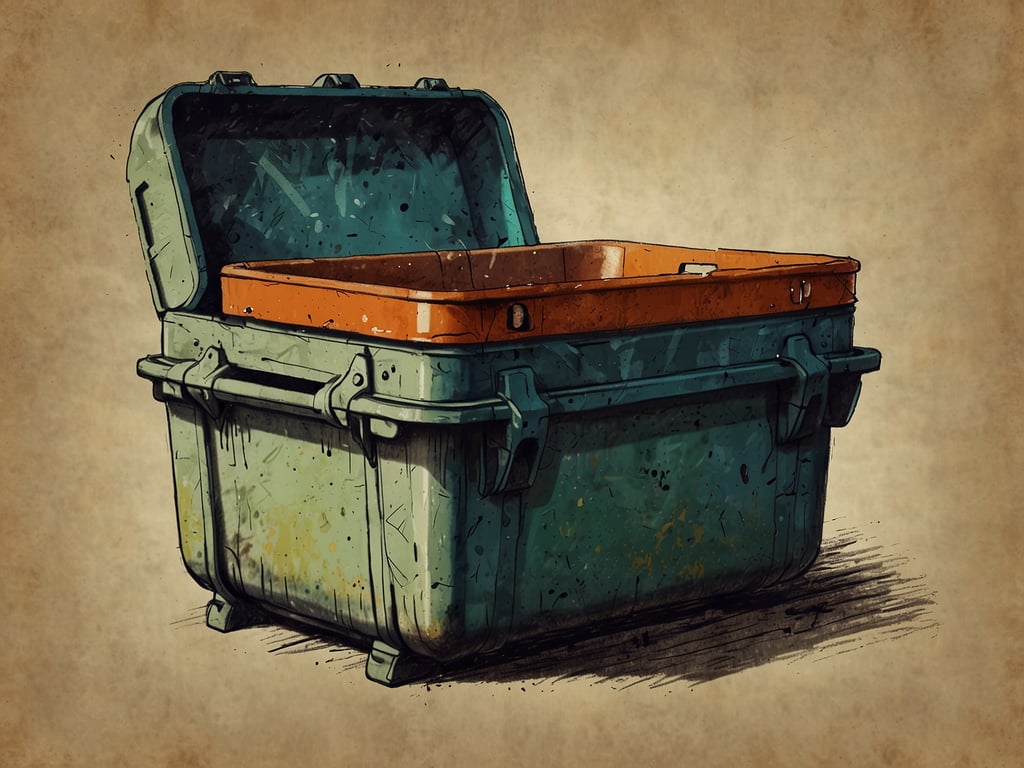 Auf dem Bild ist ein Müllcontainer zu sehen. Er hat einen grünen Körper und einen orangefarbenen Deckel. Dieser Container ist für die Müllentsorgung konzipiert und dient dazu, Abfälle hygienisch und ordentlich zu sammeln.
