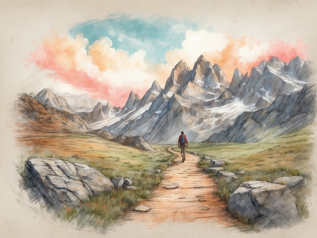 Auf dem Bild ist eine malerische Berglandschaft zu sehen, in der eine Person auf einem Wanderweg spaziert. Diese Szenerie lädt zu verschiedenen Freizeitaktivitäten ein, wie zum Beispiel:

1. **Wandern** - Die Person geht auf einem Weg durch die Berge, was eine beliebte Aktivität in der Natur ist.
2. **Bergsteigen** - Die beeindruckenden Gipfel könnten auch für Bergsteiger attraktiv sein.
3. **Fotografieren** - Die wunderschöne Landschaft bietet viele Möglichkeiten, tolle Fotos zu machen.
4. **Picknicken** - Es gibt viel Platz für eine entspannte Pause in der Natur.

Insgesamt strahlt das Bild eine ruhige und einladende Atmosphäre aus, die zu Outdoor-Aktivitäten anregt.