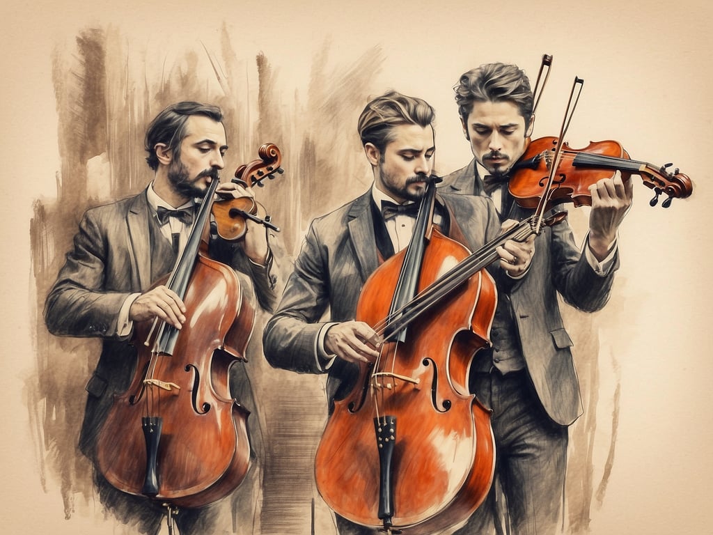 Auf dem Bild sind drei Musiker zu sehen, die klassische Instrumente spielen. Diese Art von Darbietung könnte an traditionelle Stile erinnern, aber es gibt moderne Musiker und Bands aus Südtirol, die ebenfalls klassische Elemente in ihre Musik integrieren. Ein Beispiel dafür ist 