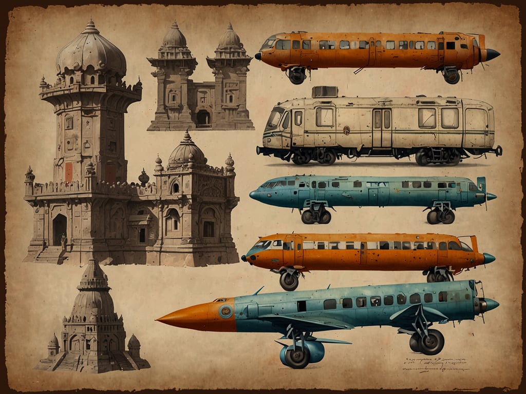 Auf dem Bild sind künstlerische Darstellungen von historischen, architektonischen Gebäuden und verschiedenen Transportmitteln, hauptsächlich Flugzeugen und Panzerwagen. Die Türme mit den Kuppeln und den kunstvollen Verzierungen erinnern an traditionelle indische Architektur, die oft in Regionen wie Rajasthan zu finden ist. Die Transportfahrzeuge sind nostalgisch und vermitteln ein Gefühl von vergangener Zeit.

**Reiseinfos und Tipps:**

1. **Besuche historische Stätten:** Wenn du eine Reise nach Indien planst, sind Orte wie Jaipur oder Udaipur empfehlenswert. Dort kannst du beeindruckende Paläste und Festungen erkunden.

2. **Transportmittel:** Bei der Auswahl von Transportmitteln in fremden Ländern ist es ratsam, sich im Voraus über lokale Optionen zu informieren. In Indien sind Züge eine beliebte und oft malerische Möglichkeit, von Stadt zu Stadt zu reisen. Achte darauf, Tickets im Voraus zu buchen, besonders in der Hochsaison.

3. **Architektur erkunden:** Plane Zeit ein, um die Unterschiede zwischen traditioneller und moderner Architektur zu erleben. Jeder Stadt hat ihre eigenen einzigartigen Stilrichtungen, die oft viel über die Geschichte und Kultur des Landes erzählen.

4. **Kulturelle Veranstaltungen:** Informiere dich über lokale Festivals oder Märkte, die du besuchen kannst. Dies bietet eine tolle Möglichkeit, in die Kultur einzutauchen und die Atmosphäre besser zu erleben.

5. **Essen probieren:** Probiere lokale Köstlichkeiten, um ein vollständiges Reiseerlebnis zu haben. Indische Küche ist vielfältig und die Aromen sind unvergesslich. 

Plane deine Reise gut und genieße die schöne Mischung aus Geschichte und moderner Kultur!