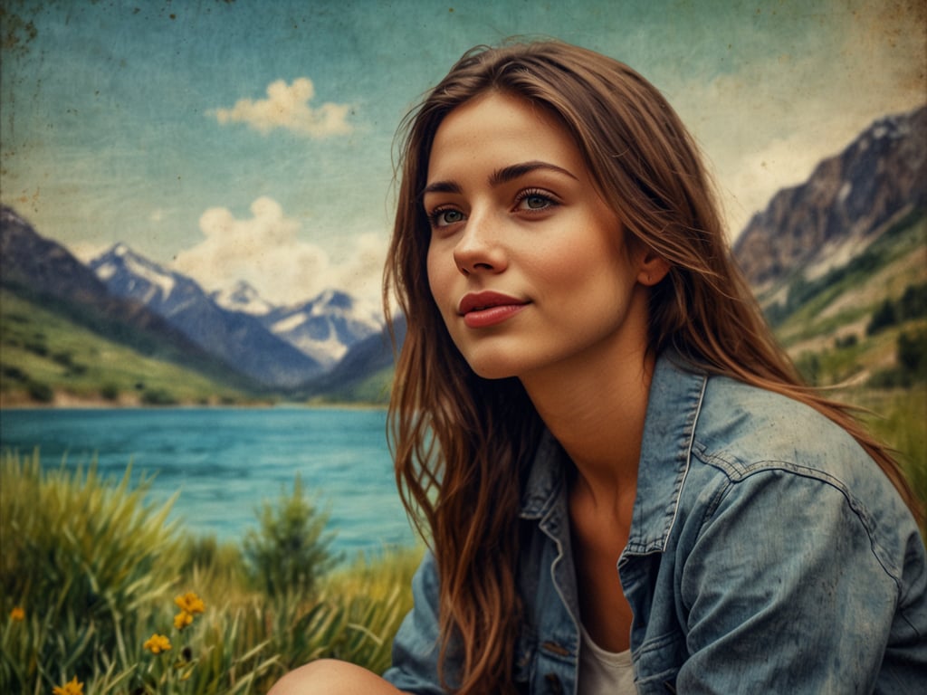Auf dem Bild ist eine junge Frau zu sehen, die vor einer wunderschönen Landschaft sitzt. Die Szenerie wird von einem glitzernden See und majestätischen Bergen im Hintergrund geprägt. Die Farben sind sanft und harmonisch, was eine entspannte und friedliche Atmosphäre vermittelt. Die natürliche Schönheit der Umgebung ergänzt die Ausstrahlung der Frau und schafft ein Bild, das zum Träumen einlädt.