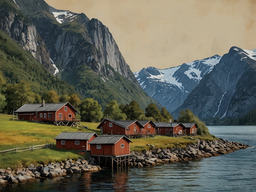 Auf dem Bild sind malerische rote Holzhäuser zu sehen, die am Ufer eines fjordartigen Gewässers stehen, umgeben von majestätischen Bergen mit schneebedeckten Gipfeln. Diese Art von Landschaft und Architektur ist typisch für Norwegen, wo die traditionellen roten Hütten, auch bekannt als 
