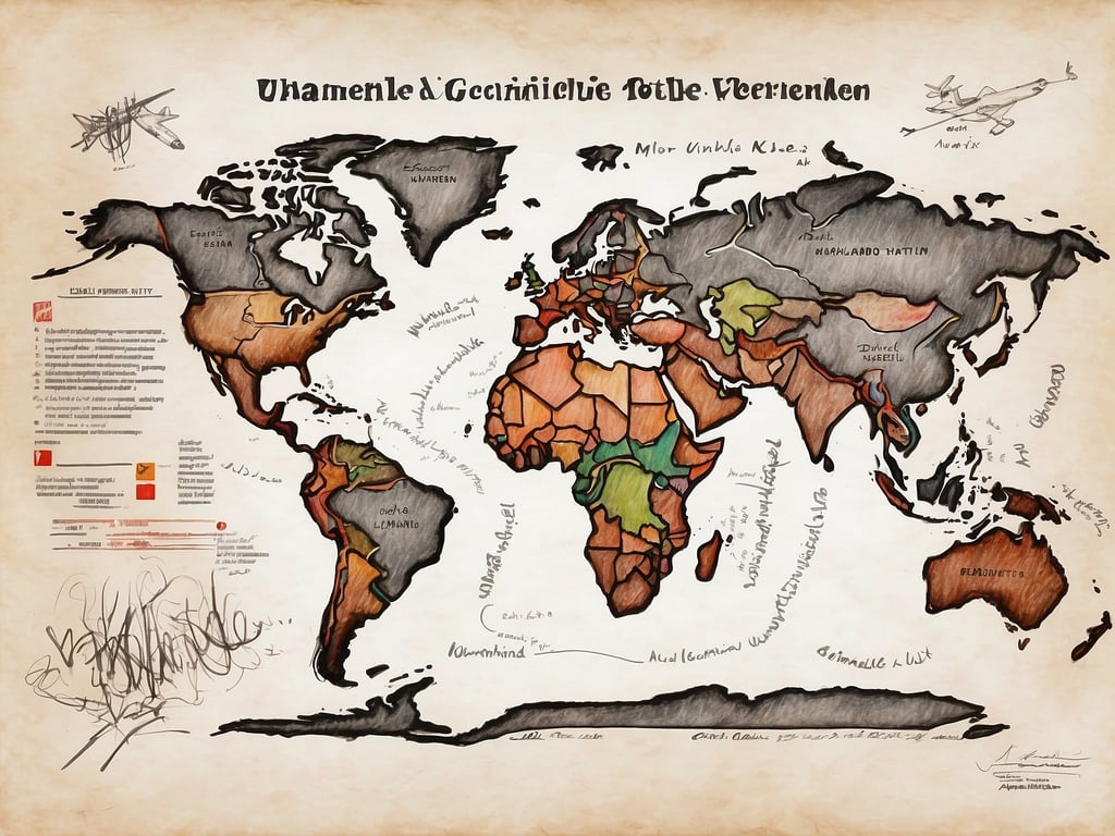 Auf dem Bild ist eine künstlerische Weltkarte zu sehen, die möglicherweise verschiedene Regionen und deren Besonderheiten darstellt. Im Kontext nachhaltiger Unterkünfte könnten in den verschiedenen Ländern ökologische Hotels oder umweltfreundliche Lodges hervorgehoben werden, die sich um die Erhaltung der Natur bemühen.

Für Aktivitäten könnten nachhaltige Tourismuserlebnisse wie Wandern in Nationalparks, Fahrradtouren durch ländliche Gebiete oder Tierbeobachtungen in geschützten Lebensräumen thematisiert werden. Diese Aktivitäten fördern nicht nur die Umweltbewusstsein, sondern unterstützen auch die lokale Wirtschaft.