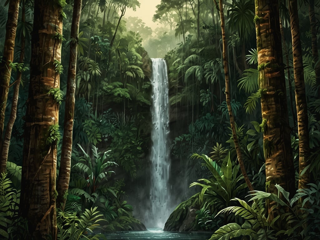 Auf dem Bild ist eine üppige Dschungellandschaft mit einem Wasserfall zu sehen, umgeben von tropischen Pflanzen und hohen Bäumen. Diese Art von Landschaft könnte in der Umgebung des Napo-Flusses in Ecuador vorkommen.

Der Napo-Fluss hat geografisch eine wichtige Bedeutung, da er einer der Hauptzuflüsse des Amazonas ist. Er durchquert das ökologisch vielfältige Amazonasgebiet und spielt eine entscheidende Rolle im Ökosystem, indem er Wasser und Nährstoffe liefert. Zudem ist der Napo-Fluss auch für viele lokale Gemeinschaften lebenswichtig, da er als Transportweg und Quelle für Fisch und andere Ressourcen dient. Die umliegenden Regenwälder sind reich an Biodiversität und bieten zahlreichen Arten einen Lebensraum.