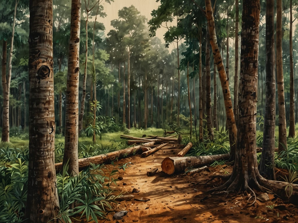 Das Bild zeigt einen dichten, grünen Wald mit mächtigen Bäumen, unterbrochen von umgestürzten Baumstämmen. Diese Szenerie ist charakteristisch für die Umgebung des Napo Flusses im Amazonasgebiet. 

Die Herausforderungen in dieser Region sind vielfältig. Eine der größten ist die Abholzung, die die Biodiversität und das Ökosystem gefährdet. Die Rodung für Landwirtschaft und Holzernte reduziert den Lebensraum vieler Tier- und Pflanzenarten. Zudem ist die Verschmutzung durch illegale Goldminen und Landwirtschaftserweiterungen ein ernstes Problem, das die Wasserqualität des Napo Flusses beeinträchtigt.

Ein weiteres Anliegen ist der Schutz der indigenen Gemeinschaften, die auf die natürlichen Ressourcen angewiesen sind. Die Veränderungen in ihrem Lebensraum und der Zugang zu Wasser sind durch Umweltveränderungen bedroht. Der Erhalt der Wälder ist für den Klimaschutz von entscheidender Bedeutung, da sie große Mengen CO2 speichern und eine wichtige Rolle im globalen Ökosystem spielen.