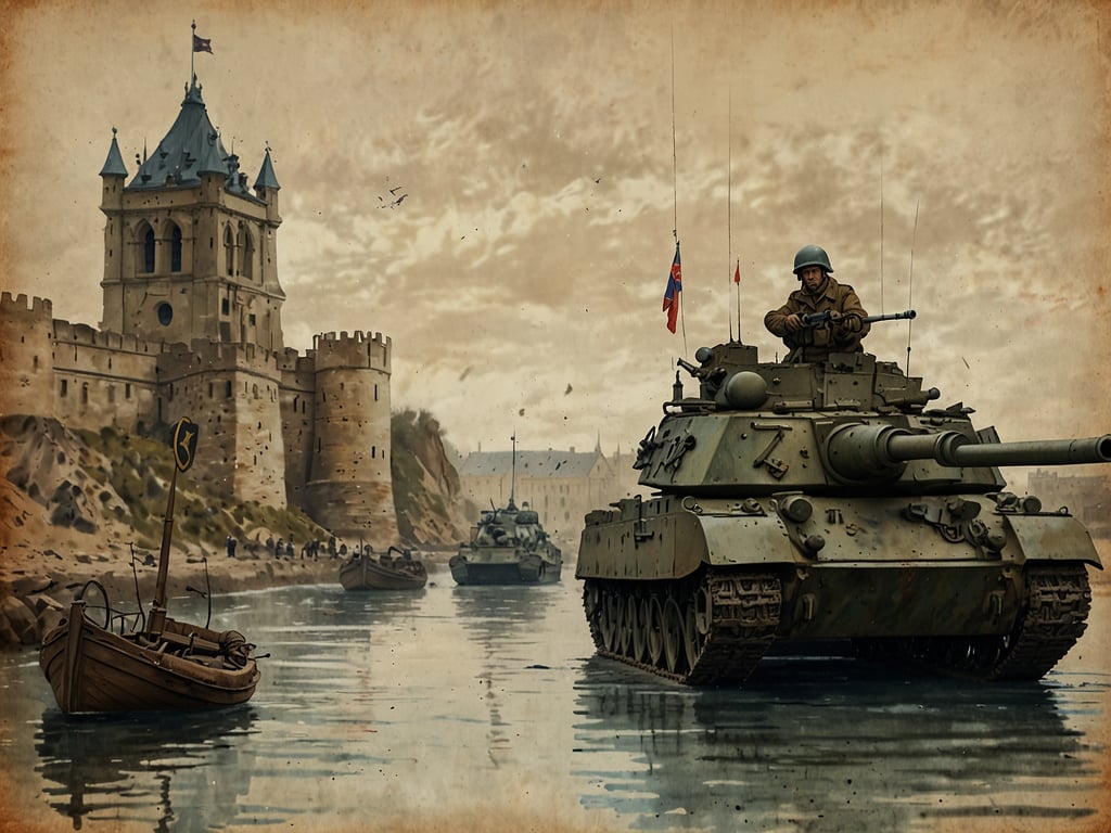 Auf dem Bild sieht man einen Panzer, der auf einem Gewässer fährt, nahe einer Burg oder Festung. Im Hintergrund sind weitere Panzer und Boote zu erkennen, die auf die Küste zusteuern. Die Szenerie vermittelt eine militärische Atmosphäre, die an die Konflikte des Zweiten Weltkriegs erinnert.

Historisch gesehen war Narvik, eine Stadt in Norwegen, ein strategisch wichtiger Ort während des Zweiten Weltkriegs. Die Schlacht von Narvik im Jahr 1940 war Teil der deutschen Offensive in Skandinavien. Die Stadt war entscheidend, weil sie als Hafen für den Export von Eisen aus Schweden diente, was für die deutsche Kriegsmaschinerie bedeutend war. Die Alliierten versuchten, die Kontrolle über Narvik und die Umgebung zu sichern, um den Nachschub der Achsenmächte zu unterbrechen. Dies führte zu erbitterten Kämpfen zwischen den deutschen Streitkräften und den britischen sowie norwegischen Truppen in der Region.