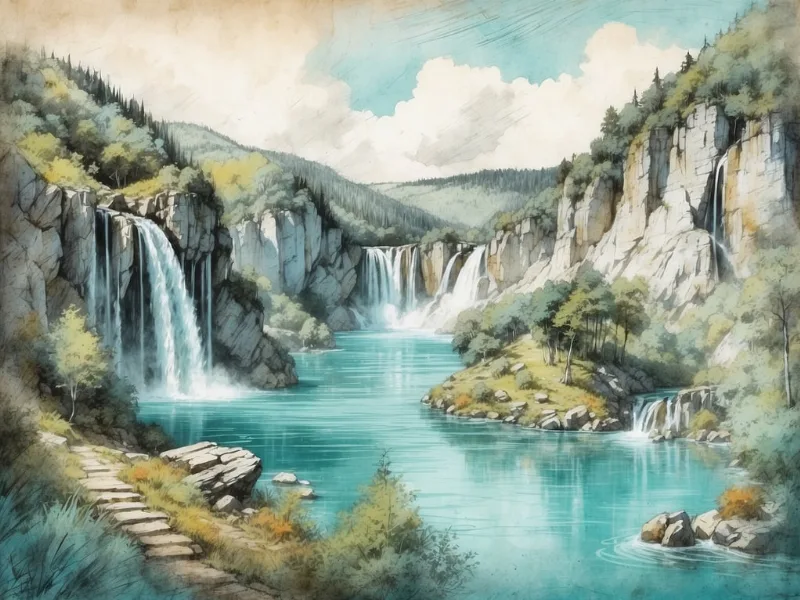 Illustration: Bergtal mit steil aufragenden Felswänden, Nadelwälder und türkisfarbener Fluss mit Wasserfällen zwischen Felsen