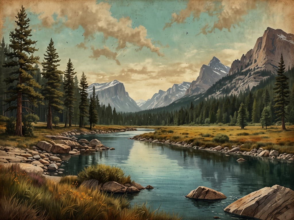 Auf dem Bild ist eine malerische Landschaft zu sehen, die einen idyllischen Fluss zeigt, umgeben von hohen Bäumen und Bergen im Hintergrund. Diese Szenerie könnte einem Nationalpark entstammen, da sie eine ruhige Naturumgebung mit grünen Wiesen, steinigen Ufern und majestätischen Bergen darstellt. Das Bild vermittelt eine friedliche und harmonische Atmosphäre, die genau das widerspiegelt, was man oft in einem Nationalpark erleben kann.