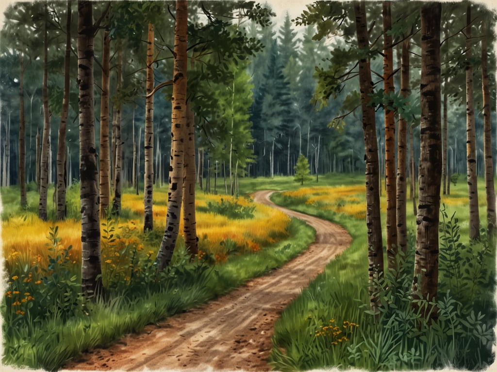 Auf dem Bild sehen wir einen friedlichen Waldweg, der sich durch eine grüne Lichtung schlängelt. Umgeben von hohen Bäumen, deren Blätter sanft im Wind rauschen, wird die Stille von dem gelegentlichen Gesang der Vögel durchbrochen. 

Die Sonnenstrahlen durchbrechen die Baumkronen und werfen warmes Licht auf das leuchtend gelbe Gras. Man kann das Zwitschern der Vögel hören, das die Luft mit Leben füllt, während das Rauschen des Laubs wie ein sanftes Flüstern der Natur klingt.

Der Weg selbst ist mit feinem Sand und kleinen Steinen bedeckt, und das leise Knirschen unter den Schritten belebt die Atmosphäre. Die verschiedenen Grüntöne der Pflanzen wirken beruhigend und laden zu einer akustischen Entdeckungsreise ein, bei der jeder Klang und jede Bewegung Teil eines harmonischen Naturkonzertes sind.