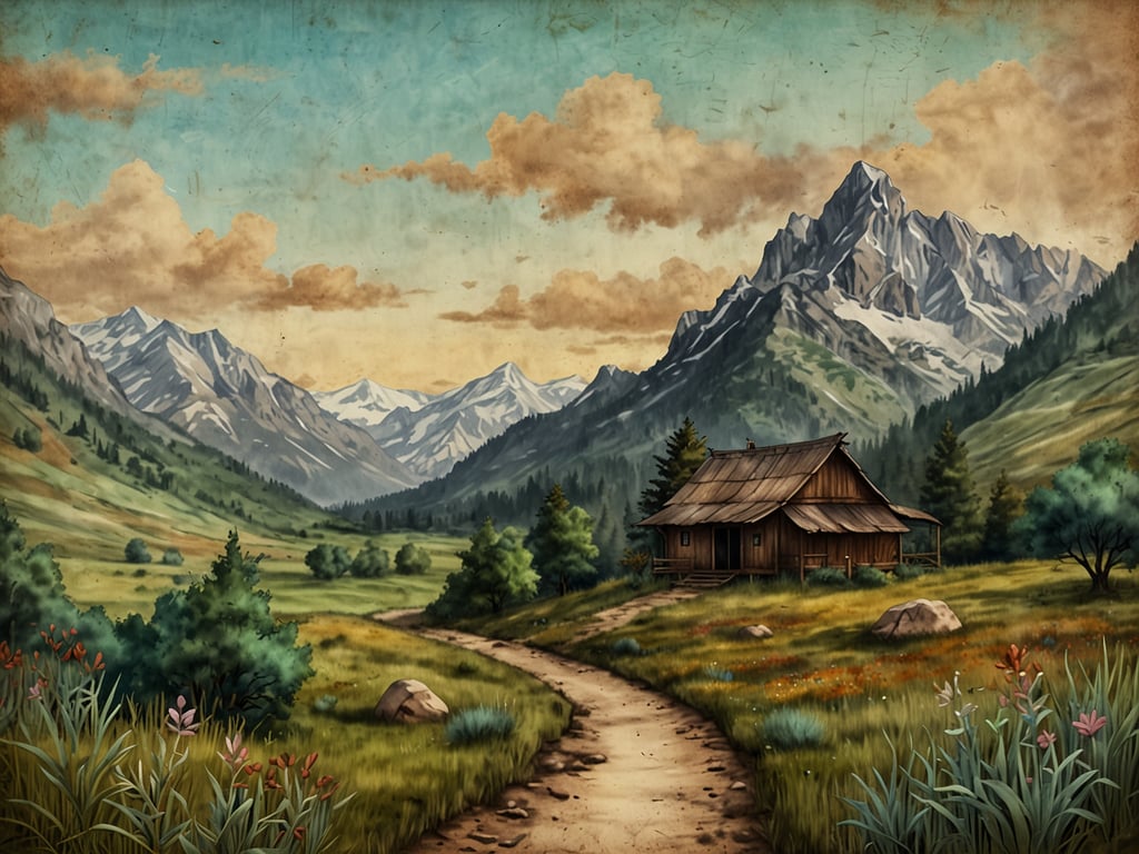 Auf dem Bild ist eine idyllische Landschaft zu sehen, in der Natur und Architektur harmonisch zusammenspielen. Im Vordergrund führt ein gewundener Weg durch eine grüne Wiese, die von bunten Blumen gesäumt ist. An der Seite des Weges stehen einige Felsen und kleine Büsche, die die natürliche Umgebung betonen. 

Im Hintergrund erheben sich majestätische Berge, deren Gipfel mit Schnee bedeckt sind und die in verschiedenen Grautönen schimmern. Inmitten dieser atemberaubenden Szenerie steht eine rustikale Holzbaude, die mit ihrem schlichten, aber charmanten Design wunderbar in die Landschaft integriert ist. Die Kombination aus den sanften Hügeln, den Blumen, den Felsen und der Berghintergrund schafft eine friedliche Atmosphäre, die die Harmonie zwischen Natur und Architektur unterstreicht.