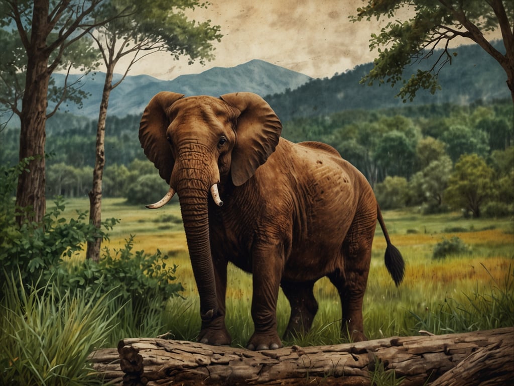 Auf dem Bild ist ein Elefant in einer naturnahen Umgebung zu sehen. Er steht auf einer Wiese, umgeben von Bäumen und einer üppigen Landschaft. Im Hintergrund sind sanfte Hügel und Berge zu erkennen, die für eine malerische Kulisse sorgen. Der Elefant hebt einen Vorderfuß leicht an, was seine Beweglichkeit zeigt, während er in Ruhe verweilt. Die Farben des Bildes sind warm und erdig, was die natürliche Schönheit der Szene unterstreicht.