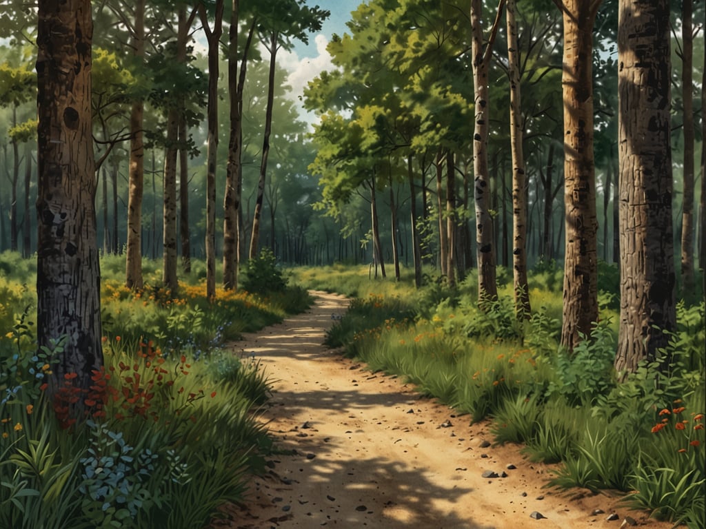 Auf dem Bild ist ein malerischer Weg zu sehen, der durch einen dichten Wald führt. Die Umgebung ist geprägt von hohen Bäumen, üppigem Grün und bunten Blumen am Wegrand. Der Weg wirkt einladend und ruhig, was auf die friedliche Atmosphäre eines Naturparks hinweist. Die Lichtverhältnisse lassen den Wald lebendig erscheinen und betonen die Schönheit der Natur.