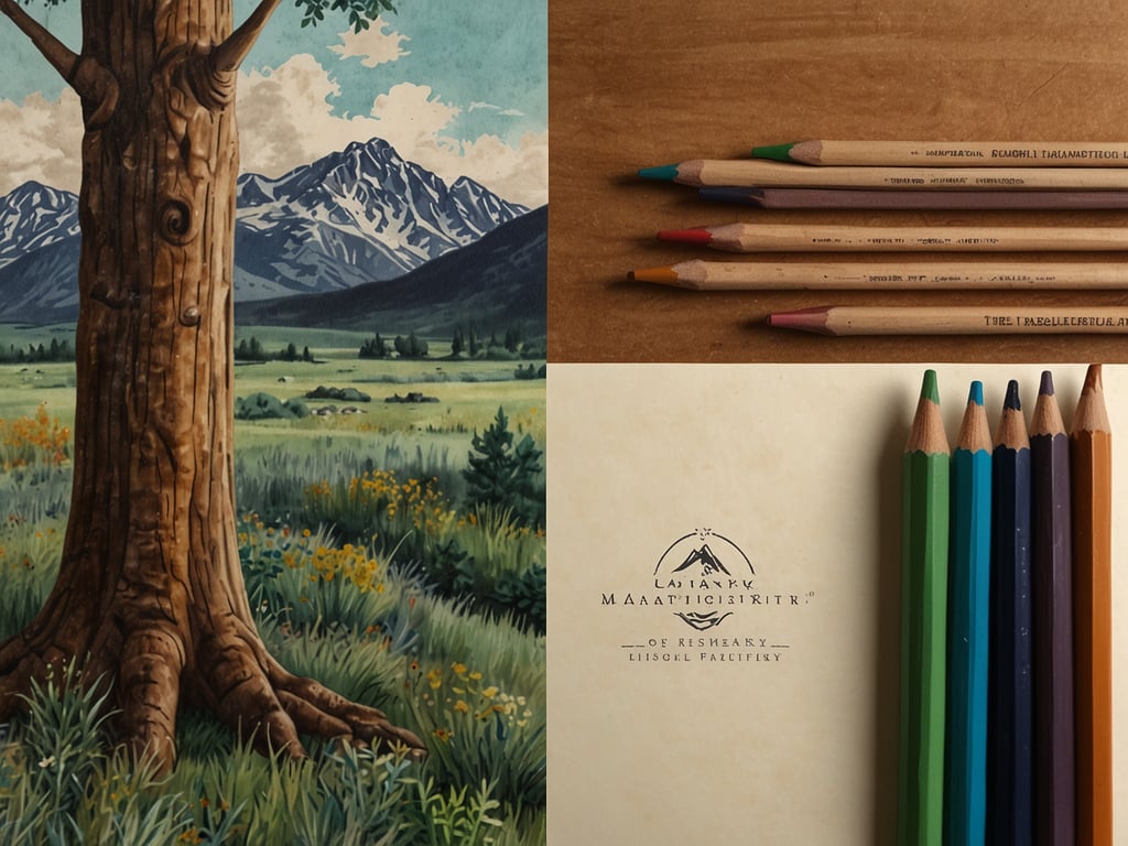 Auf dem Bild ist eine künstlerische Darstellung eines Baumes mit einem malerischen Landschaftshintergrund zu sehen, der Berge und Wiesen zeigt. Im unteren Teil sind eine Reihe von Buntstiften und ein Blatt Papier mit einem Logo oder einer künstlerischen Bezeichnung abgebildet. Das Bild vermittelt eine ruhige, kreative Atmosphäre, die ideal für die Nebensaison des kreativen Schaffens ist. Die Farben der Stifte und der Natur stimmen harmonisch miteinander überein.