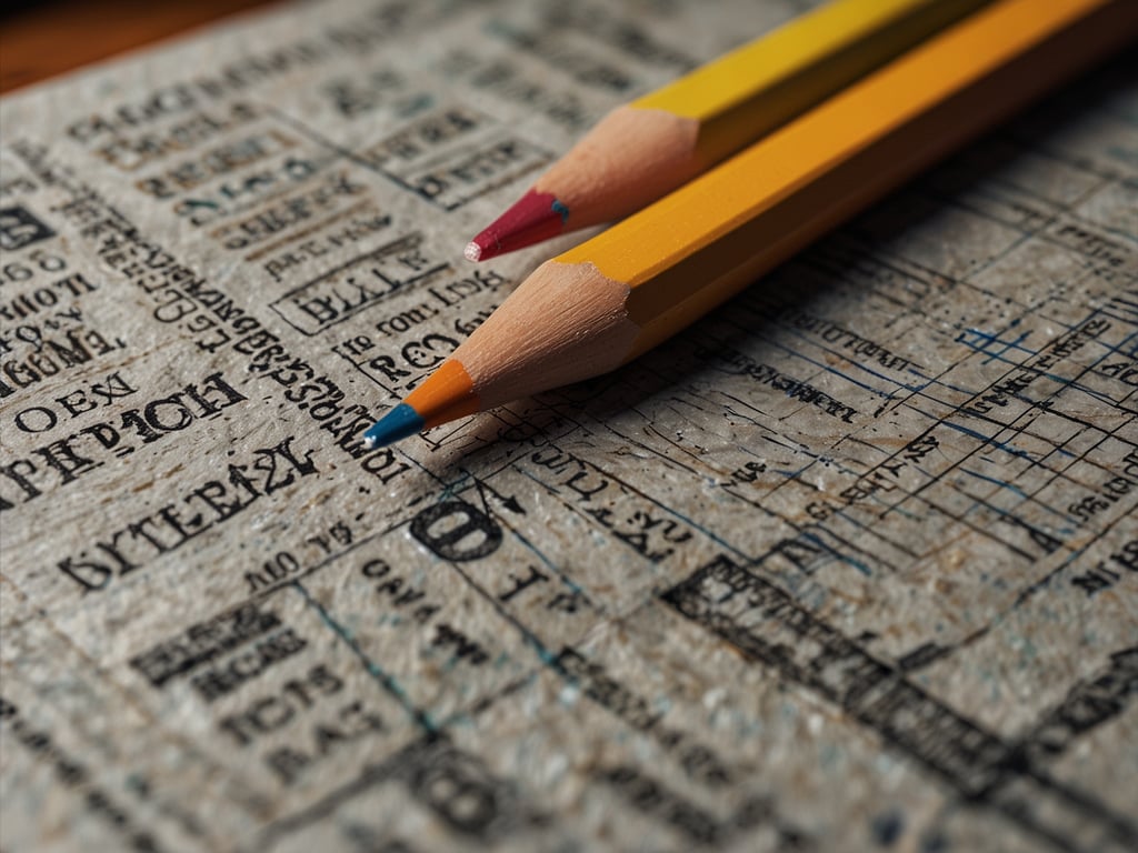 Auf dem Bild sind zwei Buntstifte zu sehen, die auf einer Fläche mit verschiedenen gedruckten Zeichen und Ziffern liegen. Der Untergrund scheint eine Art Papier oder Karton zu sein, das mit einer Vielzahl von Texten und Mustern bedruckt ist. Die Buntstifte sind in verschiedenen Farben, darunter Gelb, Rot und Blau.