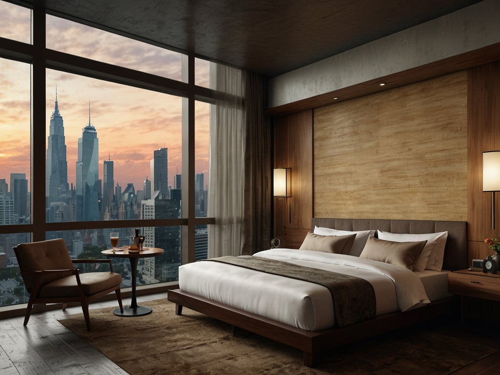 Auf dem Bild ist ein luxuriöses Hotelzimmer zu sehen, das eine elegante und moderne Einrichtung aufweist. Das Zimmer bietet ein großes Bett mit hochwertiger Bettwäsche sowie einen gemütlichen Sessel und einen kleinen Tisch mit Blick auf eine beeindruckende Skyline. Die Fenster erstrecken sich über die gesamte Wand und bieten einen atemberaubenden Ausblick auf die Stadt, besonders bei Sonnenuntergang. Dies passt perfekt zum Konzept des Neuen Crowne Plaza in Danang: Luxus für Geschäft und Freizeit, indem es Komfort, Stil und eine inspirierende Aussicht kombiniert.