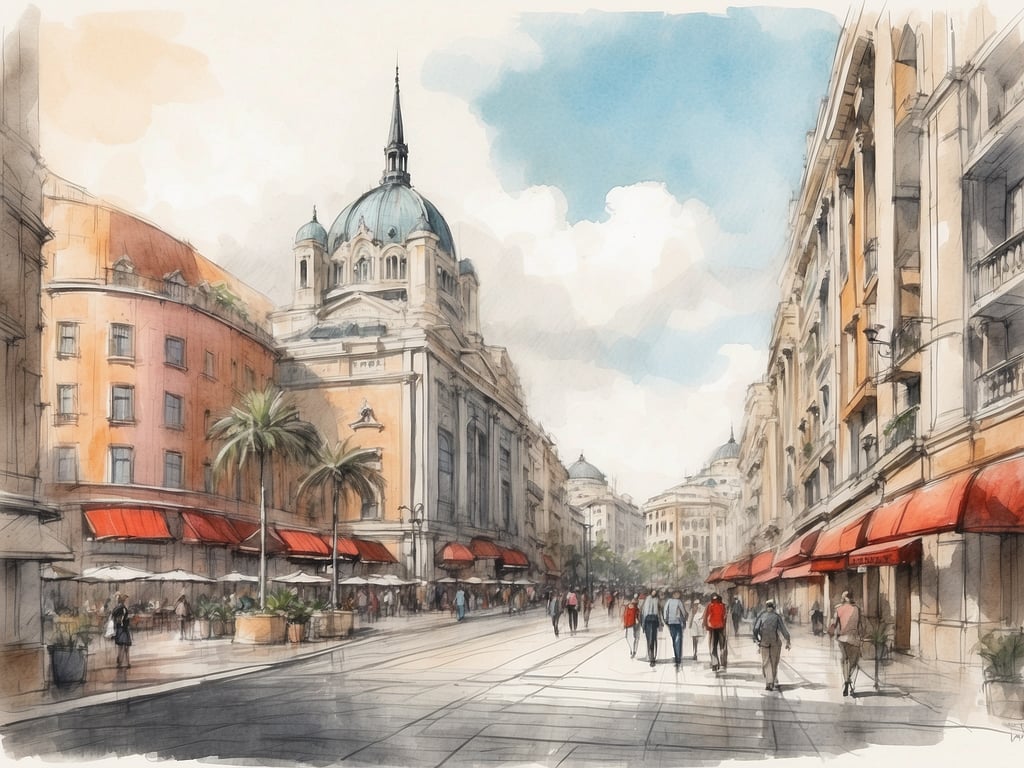 Auf dem Bild ist eine künstlerische Darstellung einer belebten Straße mit modernen und historischen Gebäuden, darunter eine markante Kuppelstruktur, und Menschen, die entlang der Straße schlendern. In der Umgebung sind auch Palmen und Terrassen mit roten Sonnenschirmen zu sehen, was eine einladende Atmosphäre schafft.

Was das NH Hotel Anantara in Dublin betrifft, bietet es eine ruhige Lage im Herzen der Stadt und verbindet modernes Design mit einem Hauch von Luxus. Die Gäste können komfortable Zimmer erwarten, zahlreiche Annehmlichkeiten und eine zentrale Nähe zu Sehenswürdigkeiten. Das Hotel bietet auch gastronomische Optionen und entspannende Wellnessangebote, was es zu einem idealen Ort für Geschäfts- und Urlaubsreisende macht.