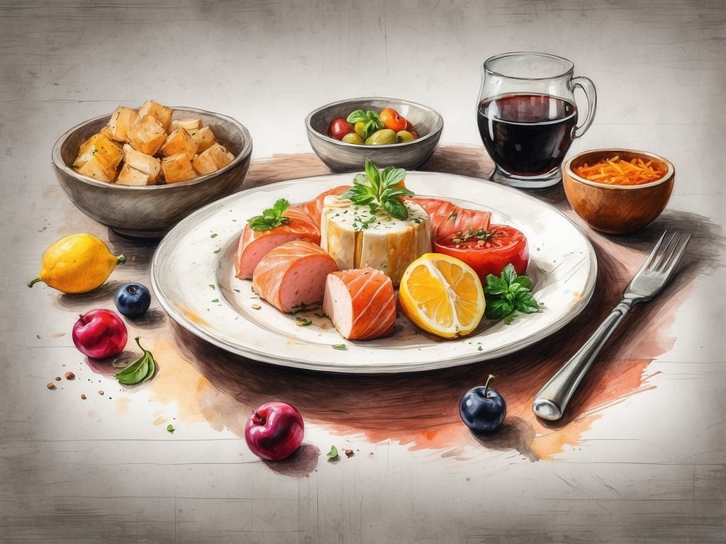 Auf dem Bild ist ein ansprechender Teller zu sehen, der verschiedene Fischsorten präsentiert, darunter Lachs und andere leicht geräucherte oder zubereitete Varianten. Begleitend dazu gibt es frische Beilagen wie Tomaten, Zitrone und Kräuter, die das Gericht optisch und geschmacklich aufwerten. Daneben sind einige Schalen mit Beilagen wie Kartoffeln, einer bunten Auswahl an Oliven und eine Karottensalat-Deko platziert. Ein Glas roten Wein ergänzt das gastronomische Erlebnis. Dieses Bild vermittelt die hohe Qualität und Vielfalt der kulinarischen Angebote im NH Hotel, ideal für Feinschmecker und Urlaubsreisende.