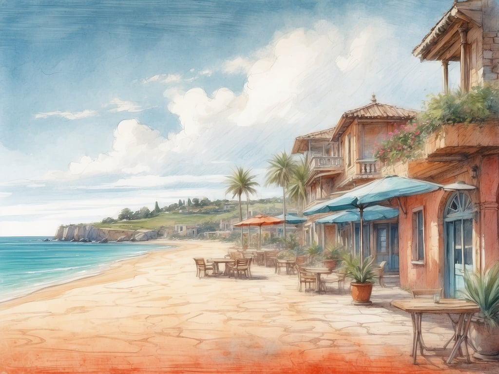 Auf dem Bild ist ein idyllischer Strand mit einer einladenden Uferpromenade zu sehen. Die Szenerie erinnert an charmante Küstenorte, wie sie beispielsweise in der Toskana oder an der Côte d'Azur zu finden sind.

Wenn du an solch einem Ort bist, empfehle ich dir, die lokalen Fischrestaurants auszuprobieren, die frisch gefangene Meeresfrüchte servieren. Auch ein Spaziergang entlang des Strandes ist sehr empfehlenswert, um die malerische Landschaft zu genießen.

Besuche auch die kleinen Geschäfte, die typische Handwerkskunst und Souvenirs anbieten, oder nutze die Gelegenheit, um in einem der Cafés am Strand einen leckeren Cappuccino zu trinken und den Sonnenuntergang zu erleben. Generell eignen sich diese Orte hervorragend für entspannende Tage mit viel Sonnenlicht und Natur.