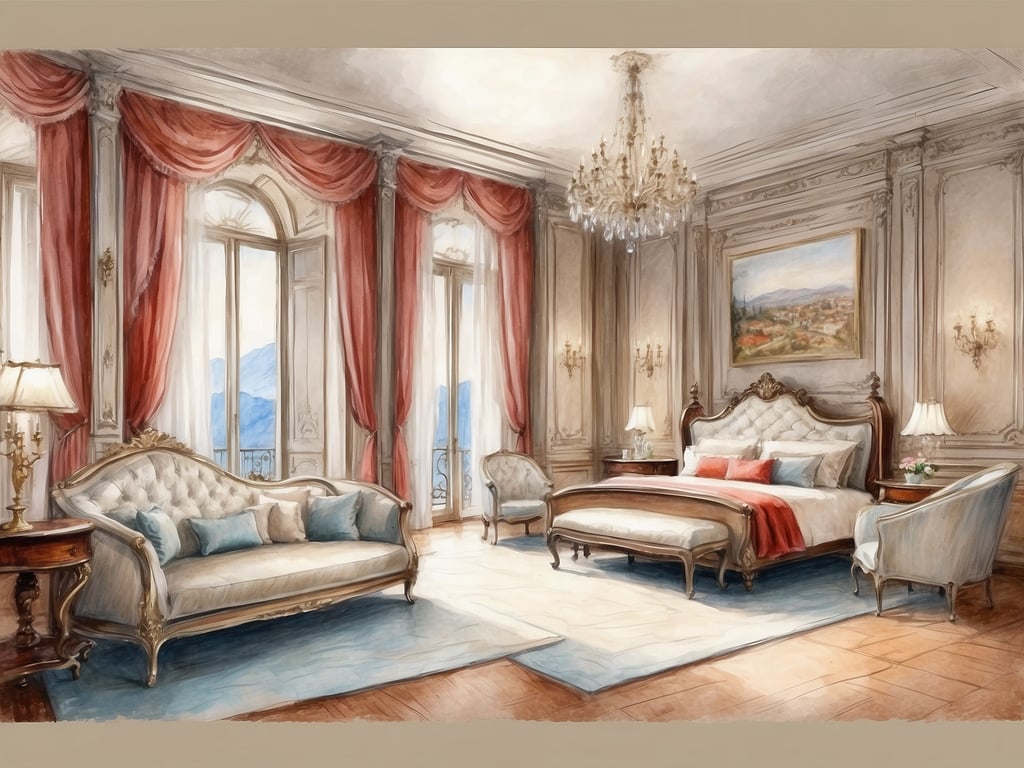 Auf dem Bild ist ein elegantes Zimmer zu sehen, das als Suite gestaltet ist. Es verfügt über ein großes, luxuriöses Bett und geschmackvolle Möbel, darunter ein Sofa und Sessel. Die Fenster sind hoch und lassen viel Licht herein, während die Vorhänge in einem warmen Rotton gehalten sind. Der Raum ist geschmackvoll dekoriert mit einem Teppich und einem schönen Kronleuchter. An den Wänden hängen kunstvolle Bilder, die zur opulenten Atmosphäre beitragen.
