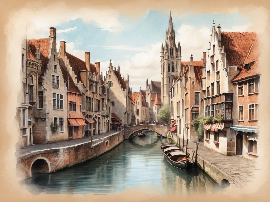 Auf dem Bild ist eine malerische Szene aus Brügge zu sehen, einer Stadt in Belgien, die bekannt ist für ihre historischen Kanäle und mittelalterliche Architektur. Die Bildkomposition zeigt hübsche, niedrigere Gebäude mit roten Dächern, die entlang eines ruhigen Kanals stehen, wo einige Boote angelegt sind. Im Hintergrund ist ein hoher Kirchturm zu sehen, der das Stadtbild prägt. Diese Szenerie vermittelt eine charmante und romantische Atmosphäre, die typisch für Brügge ist, eine Stadt, die oft als 