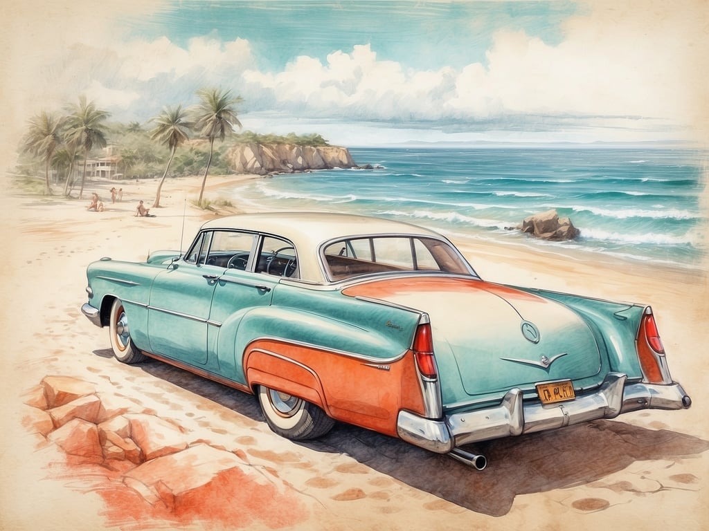 Auf dem Bild ist ein klassisches Auto zu sehen, das an einem Sandstrand mit Palmen parkt. Der Ozean ist im Hintergrund sichtbar, und einige Menschen genießen den Strand. 

In der Nähe solcher Strände findest du oft Sehenswürdigkeiten wie den 