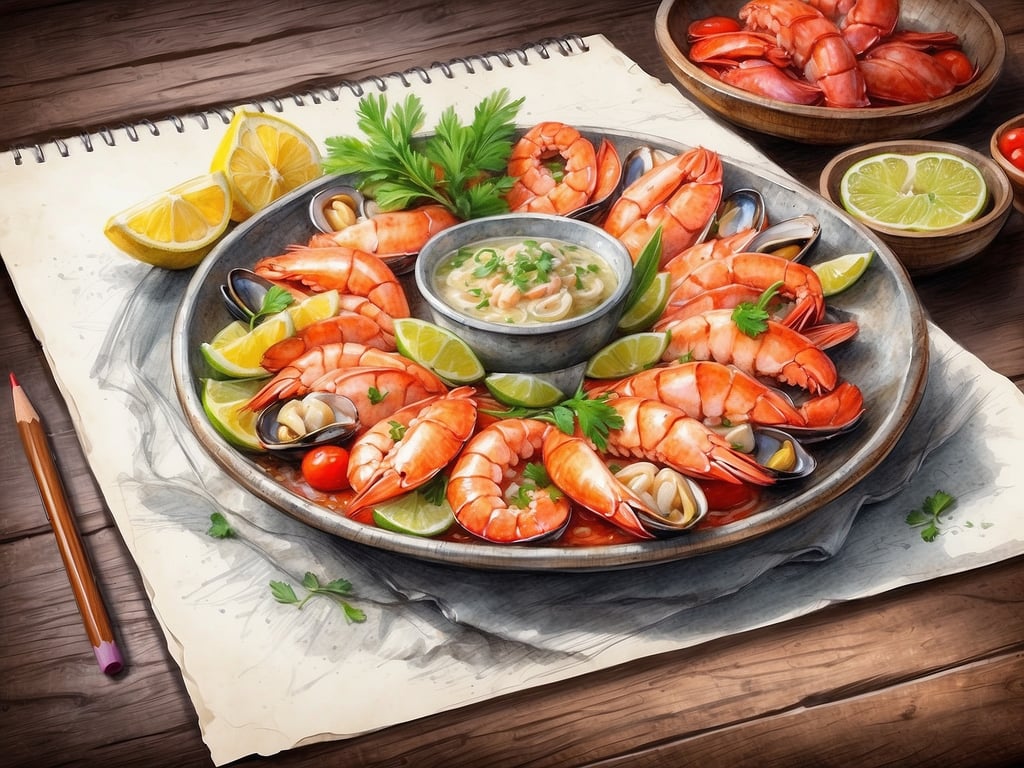 Auf dem Bild sieht man eine appetitliche Anordnung von Meeresfrüchten, hauptsächlich Garnelen, die mit Zitronenscheiben und frischen Kräutern garnniert sind. Dazu gibt es eine kleine Schale mit einer würzigen Sauce. 

In Santiago gibt es viele kulinarische Highlights, wenn es um Meeresfrüchte geht. Besonders beliebt sind Gerichte wie 