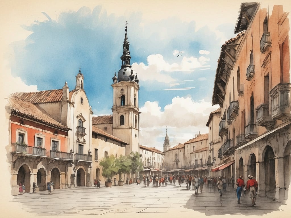 Auf dem Bild ist eine malerische Ansicht einer Stadtstraße mit historischen Gebäuden und einem zentralen Platz zu sehen. Im Vordergrund sind Menschen zu sehen, die durch die Straße schlendern. Die Architektur weist typisch spanische Elemente auf, mit Balkonen und dekorativen Fassaden.

Ciudad Real, die Hauptstadt der gleichnamigen Provinz in Spanien, ist bekannt für ihre historische Altstadt, in der sich viele dieser schönen Gebäude befinden. Die Stadt hat eine reiche Geschichte, die von römischen, maurischen und christlichen Einflüssen geprägt ist. Besonders auffällig sind die verschiedenen religiösen Monumente sowie die lebendige Atmosphäre der Stadt, die sowohl Einheimische als auch Touristen anzieht.