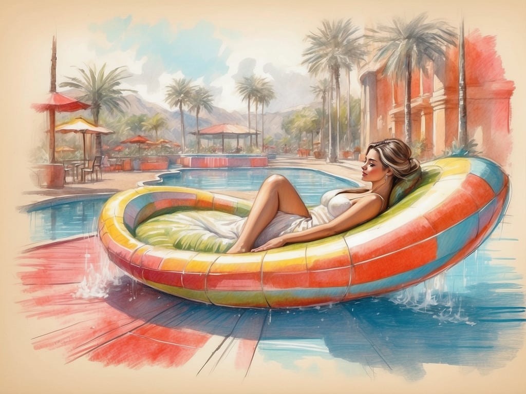 Auf dem Bild ist eine entspannte Atmosphäre am Pool zu sehen. Eine Person liegt auf einem bunten Schwimmreifen, umgeben von Palmen und Sonnenliegen. Es wirkt sehr einladend und bietet perfekte Möglichkeiten zur Entspannung und Freizeitgestaltung, wie das Sonnenbaden, Schwimmen oder einfach das Genießen der Ruhe am Wasser. Die Gesamtszene strahlt Erholung und Genuss aus.