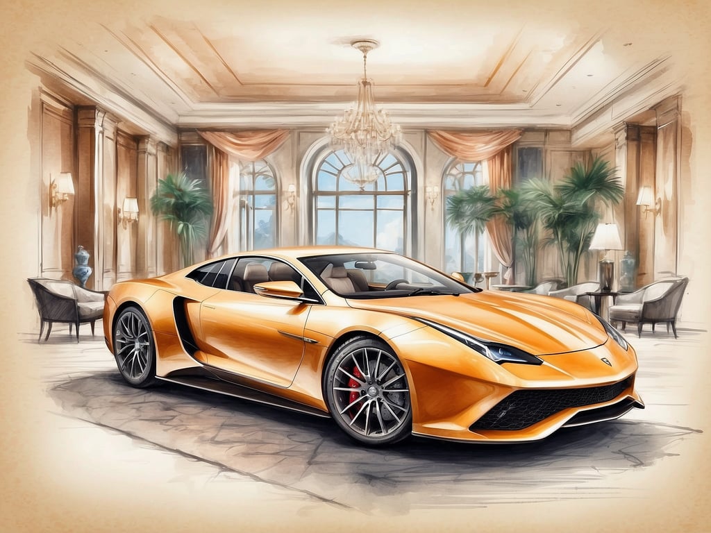 Auf dem Bild ist ein elegantes, orangefarbenes Sportauto, das in einer luxuriösen Hotellobby platziert ist. Die Ausstattung des Hotels spiegelt eine opulente Atmosphäre wider, mit stilvollen Möbeln, großen Fenstern, die viel Tageslicht hereinlassen, und üppigen Pflanzen, die einen Hauch von Natur ins Innere bringen. 

Der Service des Hotels könnte exklusive Angebote wie einen Concierge-Service, Valet-Parking für gehobene Fahrzeuge und personalisierte Dienstleistungen für Gäste umfassen. Die Szene vermittelt ein Gefühl von Luxus und Eleganz, ideal für anspruchsvolle Reisende.