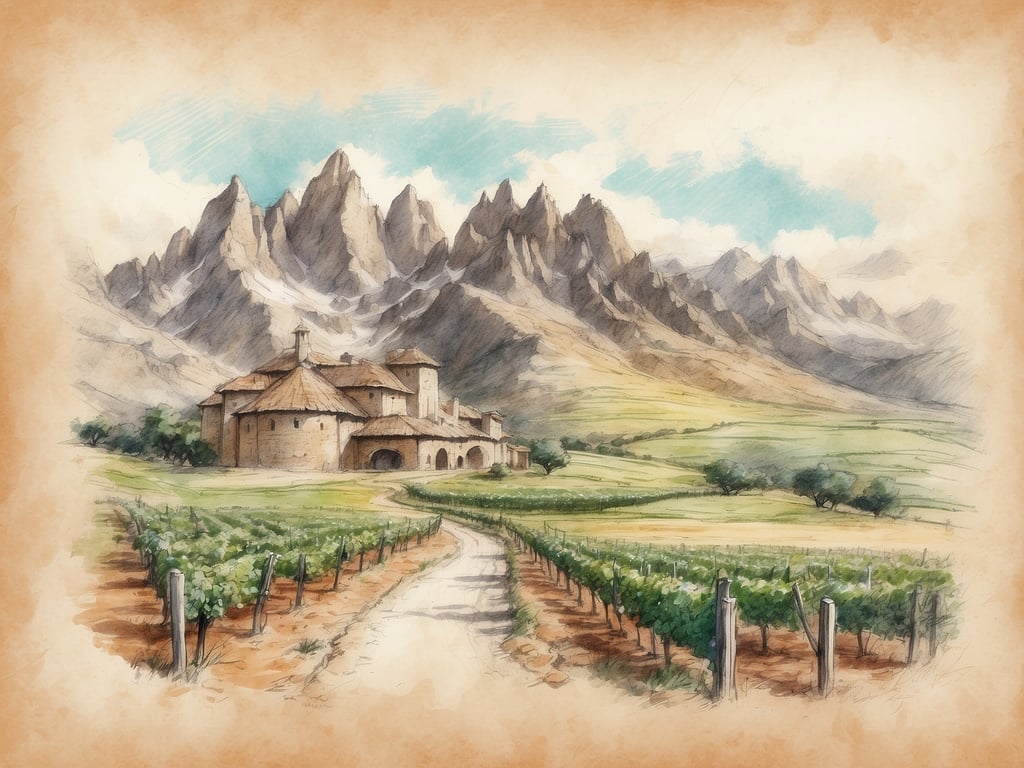 Auf dem Bild ist eine malerische Landschaft zu sehen, die von Weinbergen und majestätischen Bergen umgeben ist. In der Mitte befindet sich ein charmantes Gebäude, das möglicherweise eine Weinfabrik oder eine Weinstube darstellt. 

In der Umgebung könnte man viele Aktivitäten genießen, wie beispielsweise Weinverkostungen in den Weinbergen, Wanderungen in den Bergen, um die atemberaubende Aussicht zu genießen, oder Fahrradtouren entlang der schönen Wege. Auch kulturelle Sehenswürdigkeiten wie historische Dörfer oder Klöster könnten in der Nähe liegen und laden dazu ein, die regionale Geschichte und Traditionen zu entdecken.